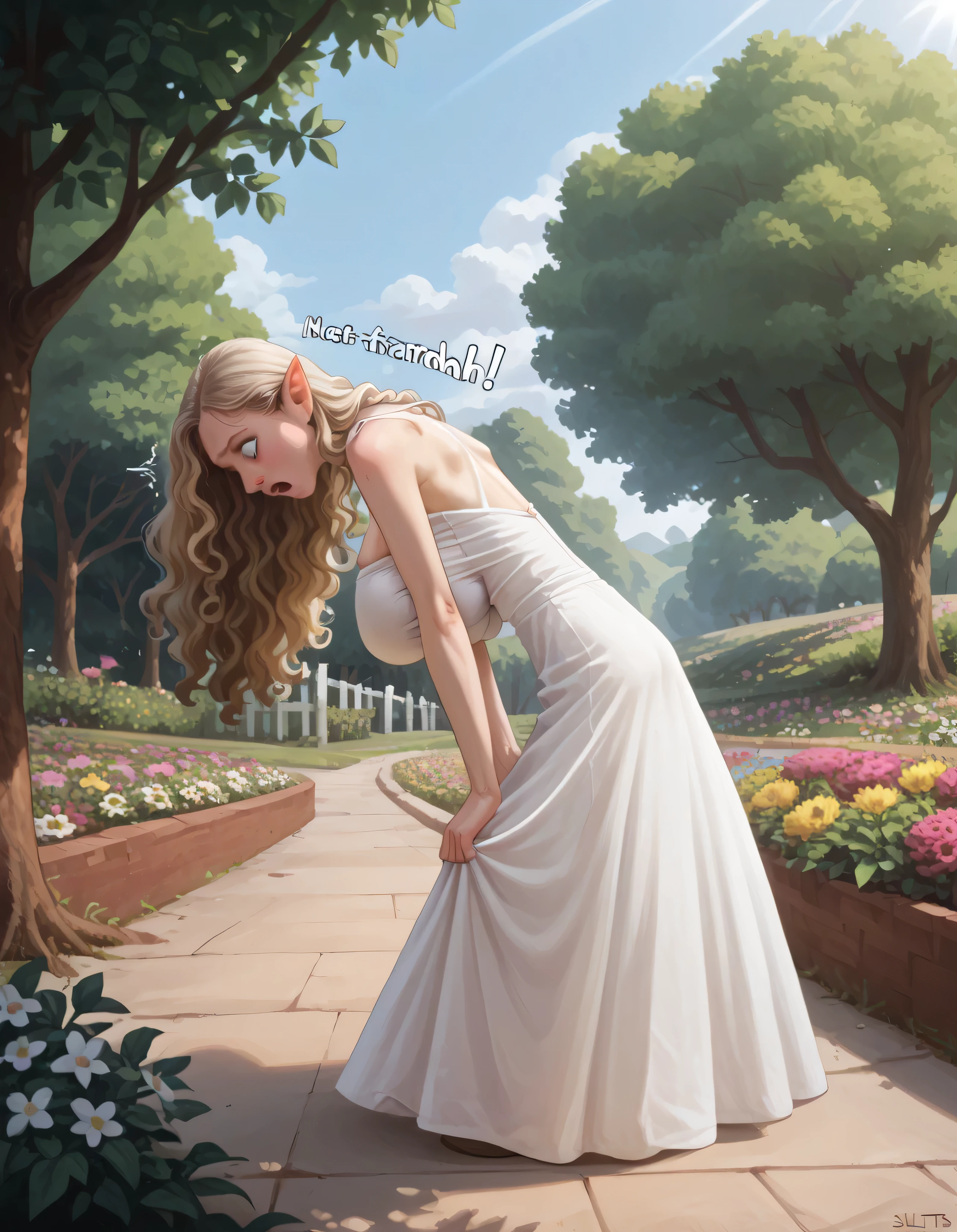 SFW,masutepiece, Best Quality, High resolution, 1girl in, Full body, Details Girl, detail hands, Detail fingers, Detail Face, detail 1girl in, elf, Looking down, Flower Garden,  pale skin, ((very skinny:1.3)), Blonde hair, Long hair, Wavy Hair, , white sundress, Bare back, bending over, Planting trees, short skirt, (tall torso) (gigantic breasts) (covered breasts:1.5), (pain emotions:1.2), (back pain sound effects:1.2), shocked emotions, hands on top of chest, transparent dress, sunlight shafts through dress, , perfect lighting, cinematic composition, highly detailed, photorealistic, 8k, best quality, masterpiece,
