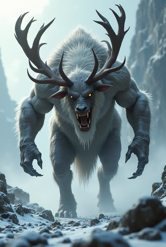 <lora:Final_Fantasys_Behemoth_XL:0.9> white behemoth a beast with long horns, at snowy peaks, hail storm, (masterpiece), best quality, highres, 4k, 8k, cinematic lighting, amazing quality, amazing shading, soft lighting