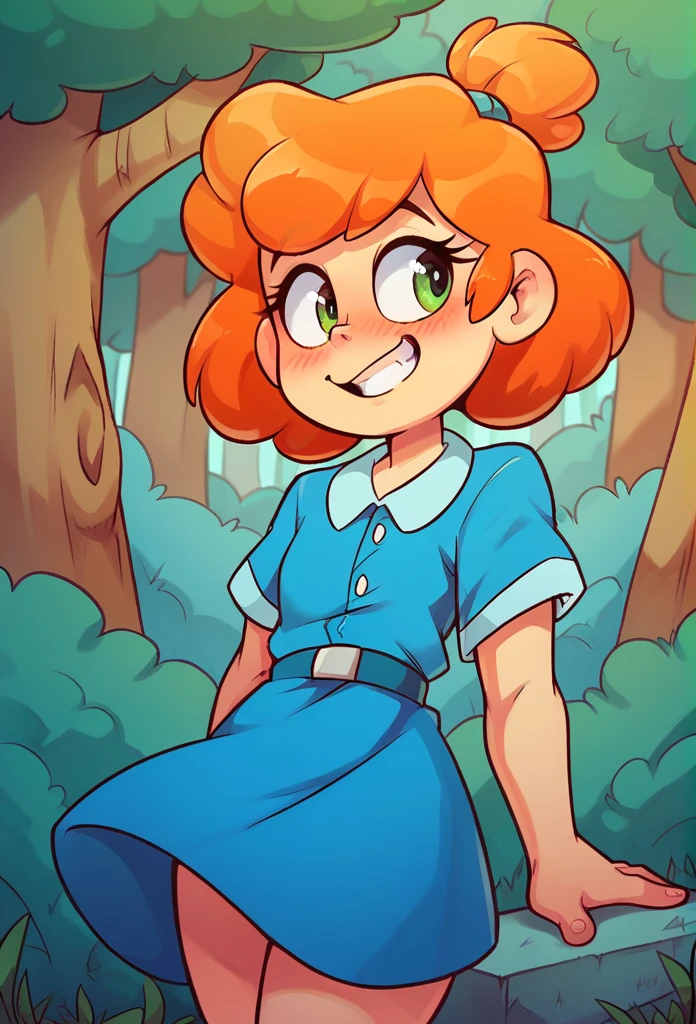 meilinlee, orange hair, blue dress, smile, blush, outdoors, forest, by diives