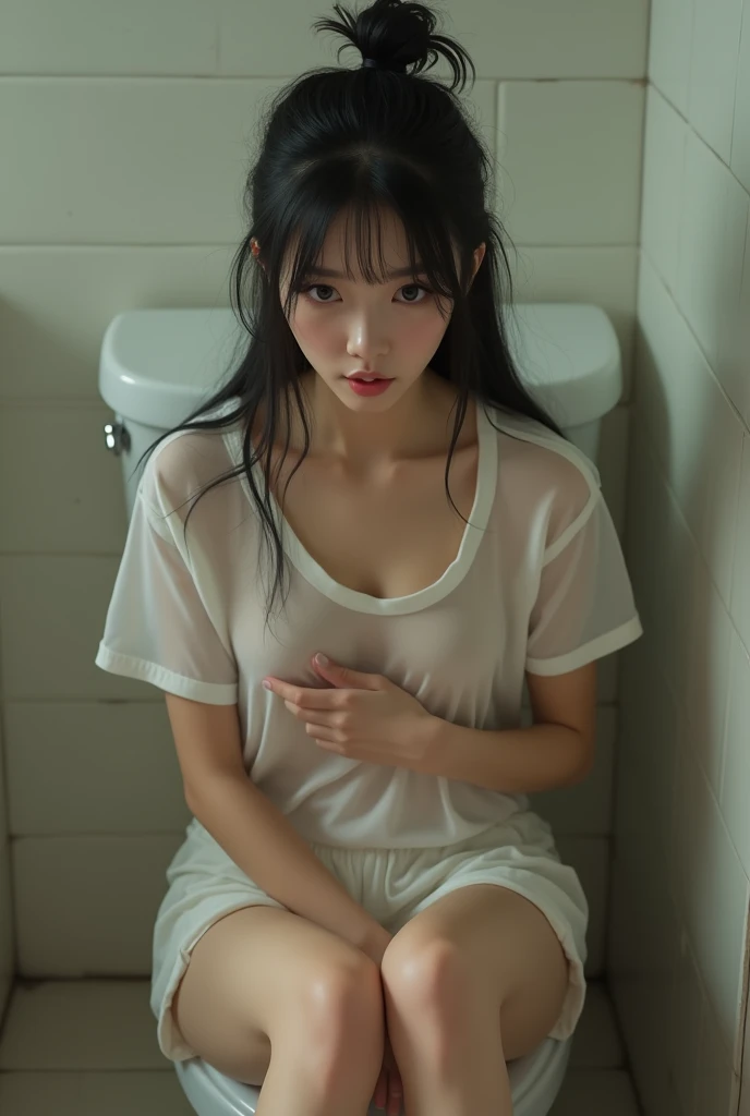 Highest quality, masterpiece, 8K, Japanese , high school,18 age , bathroom, shower, small breasts, a wet transparent white shirt, masturbation, smile, spread legs, breast milk
