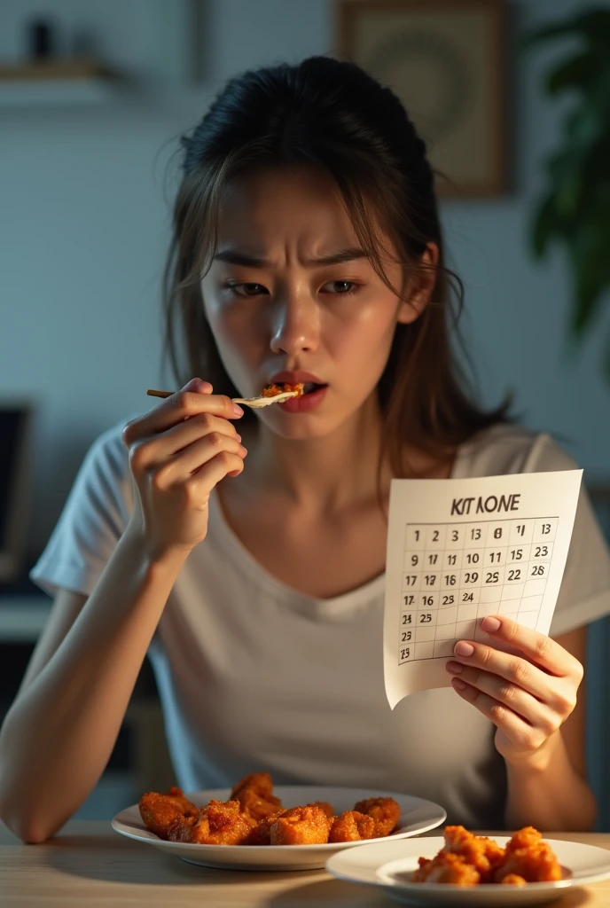 A woman holding a hair straightener, a piece of pizza, a single sports shoe and wearing a white long-sleeved shirt
