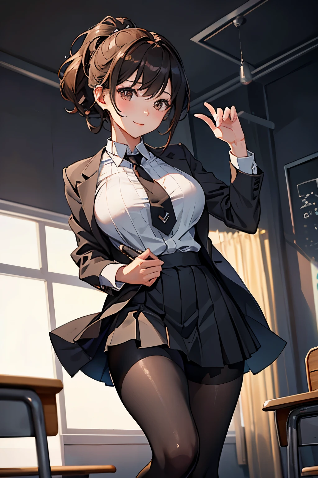 masterpiece, highest quality, Super detailed, High resolution, (Ink painting style), excellent anatomy, 1 beautiful woman, plum pie eye, Brown, choppy Bob, shiny skin, medium breasts, (nice leg line:1.3), thick thighs, thin waist, school uniform, thigh height, tie, ((pencil skirt)), pantyhose, (The courses are lined up and cherry blossoms are blooming.), looking at the viewer, from below, ((cowboy shot:1.1)), best light, best shadow, Mysterious, perfect face, very detailed,