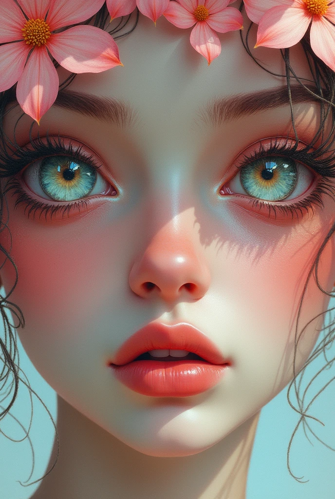 A woman with flowers in her eyes, beautiful detailed eyes, beautiful detailed lips, extremely detailed eyes and face, long eyelashes, woman wearing a flowery dress, pastel painting oil stick painting, thick coating, texture, inspired by Moebius, trippy, watercolor illustration, portrait of a big eyes, ulzzang, pink eyes, (best quality,4k,8k,highres,masterpiece:1.2),ultra-detailed,(realistic,photorealistic,photo-realistic:1.37),HDR,UHD,studio lighting,ultra-fine painting,sharp focus,physically-based rendering,extreme detail description,professional,vivid colors,bokeh