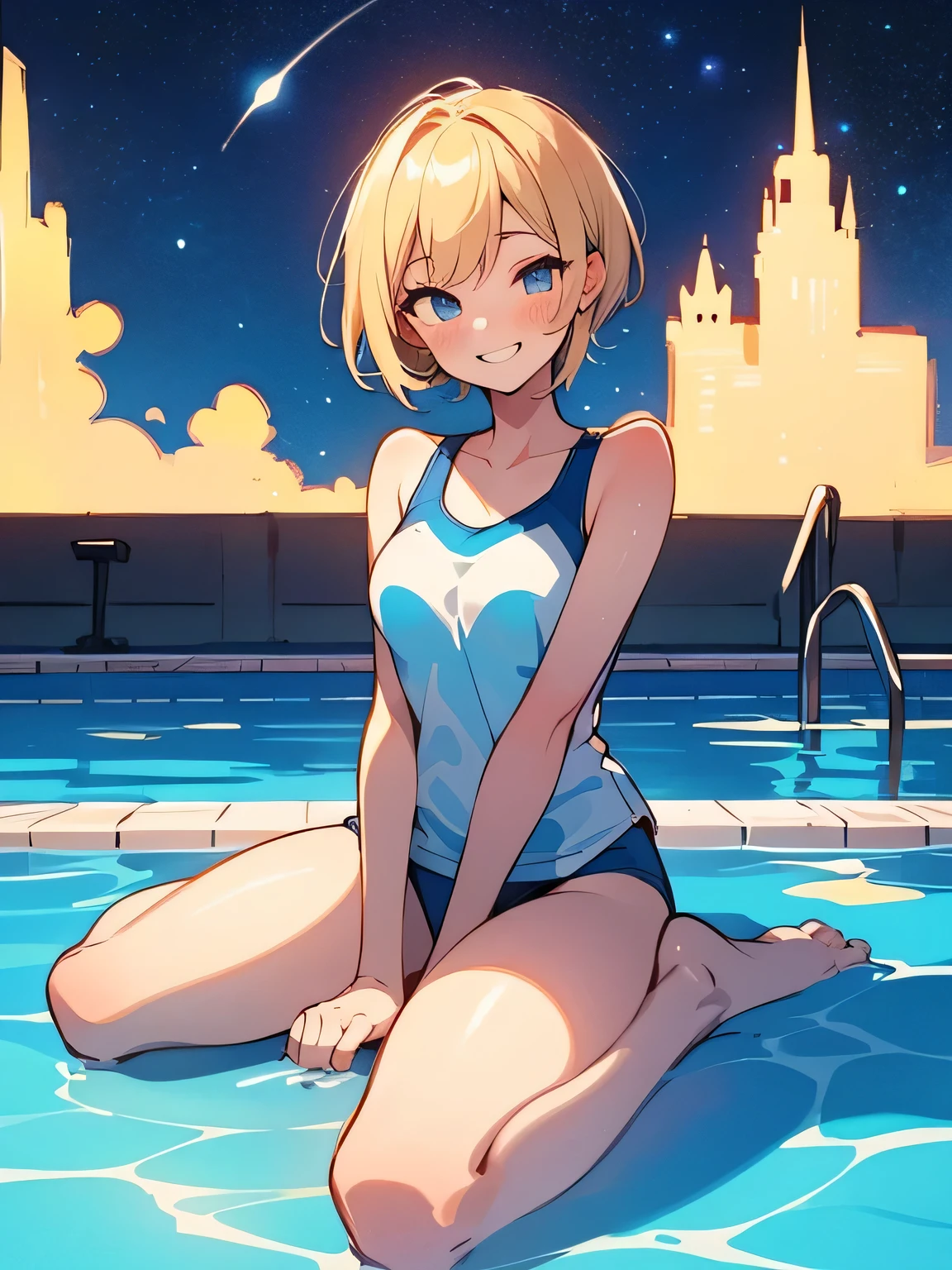 (Unity 16K Wallpaper, masutepiece, Best Quality, Ultra-detailed, extremely details CG, Caustics, Cinematic lighting, Detailed, Beautiful detailed eyes, Solo,Pool side),Ultra High Resolution, Fine skin、Sexy,curby,NSFW,(School Swimsuit:1.3), Small breasts,14 years old、Blue eyes、Blonde hair,short-hair, blush, angry,Sitting, Spread legs wide, a pixie cut