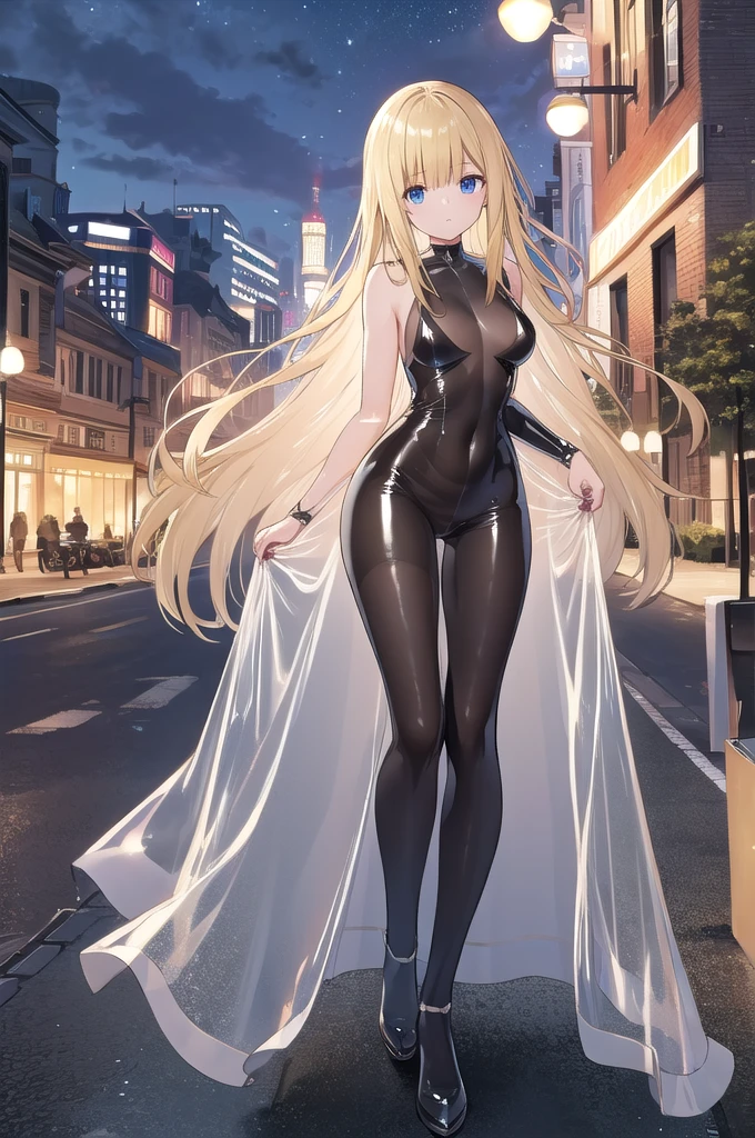 Full Body Suit,latex, (Dress lift transparent see-through　Shiny clothes:1.2),Outdoor,night　Long Hair　blonde　　