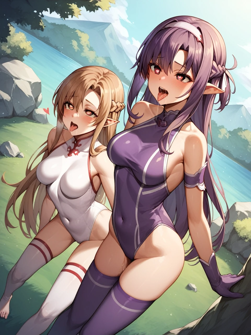 lake side , 2 girls, full body shot,  ahegao face, tongue out, saliva, heart shaped pupils, futanari                                                 yuuki asuna, brown eyes, brown hair, long hair, bangs, braid, skinny, slender body, tiny, medium breasts, white leotard,  bare shoulders, white thigh-highs, upper body, from behind, dutch angle, masterpiece, best quality, barefoot
                                                      yuukibase, purple hair, long hair, red eyes, pointy ears, hairband, purple leotard, bare shoulders, gloves, purple thigh highs