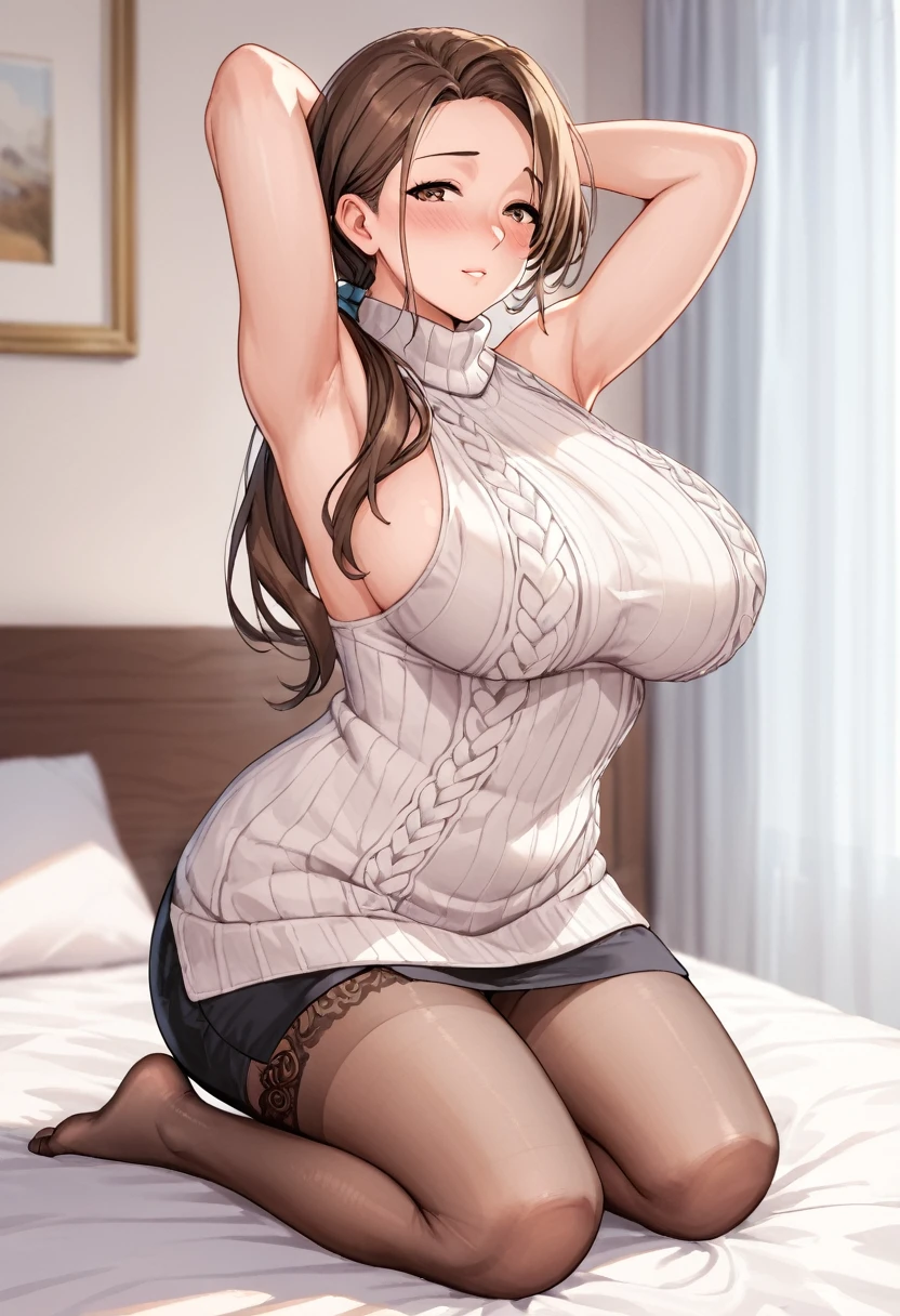 core_9, Score_8_up, Score_7_up, source_anime, 1mature_female, full body, blushing, kneeling on the bed, white apollo oversized sweater, [black skirt, black sheer stockings lingerie, hands behind the head, blushing, flirtatious look, brown hair, Long hair, brown eyes, low ponytail, big breasts, erotic anatomy, perfect bodies, Perfect anatomy, perfect arms, perfect fingers, perfect legs, perfect feet, perfect posture, transparent