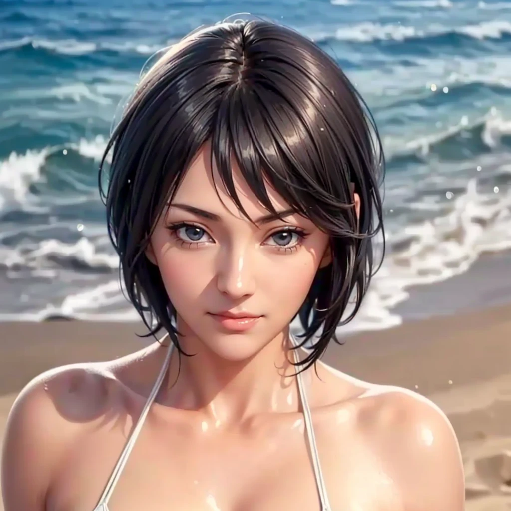 (（（Perfect body,White and tender skin,（（（Black bikini,）））,(（（shizune,Black hair, short hair, black eyes））),((masterpiece)),highres,((Best quality at best)),masterpiece,quality,Best quality,(（（ Exquisite facial features,Looking at the audience,There is light in the eyes, Smile，happy）））,A girl sitting on the beach，Blowing the wind，Hair blowing in the wind）））