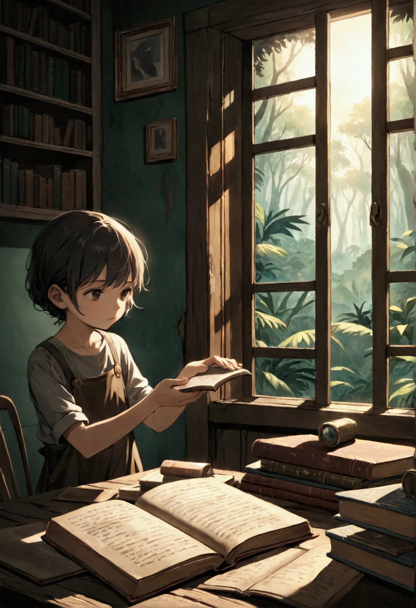 A pile of dusty old books, with the cover of "Lord of the Flies" At the top, partially lit by soft light coming in through a half-open window. A pair of childlike hands, dirty with earth, touches the book with curiosity, giving the impression that the story is about to be unraveled. In the background, a blurry and mysterious rainforest can be glimpsed through the window. The image should evoke mystery and the feeling that something profound will be revealed.. —ar 16:9