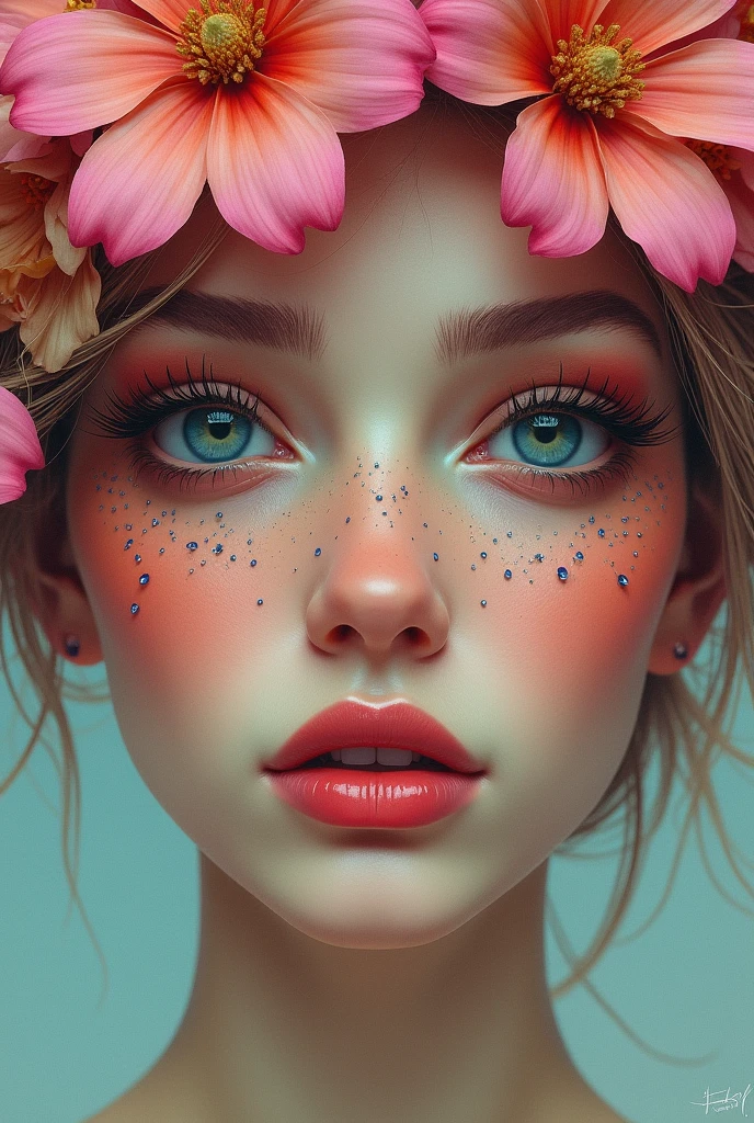 A woman with flowers in her eyes, beautiful detailed eyes, beautiful detailed lips, extremely detailed eyes and face, long eyelashes, woman wearing a flowery dress, pastel painting oil stick painting, thick coating, texture, inspired by Moebius, trippy, (((watercolor illustration))), portrait of a big eyes, ulzzang, pink eyes, (best quality,4k,8k,highres,masterpiece:1.2),ultra-detailed,(realistic,photorealistic,photo-realistic:1.37),HDR,UHD,studio lighting,ultra-fine painting,sharp focus,physically-based rendering,extreme detail description,professional,vivid colors,bokeh