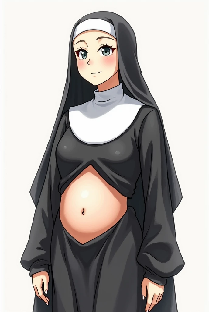 a woman nun big breast sexy bored serious sad emo sleepless eye sleep tired short black hair her pink eye wears a nuns suit shows navel and a gigantic long black skirt she tears off head person