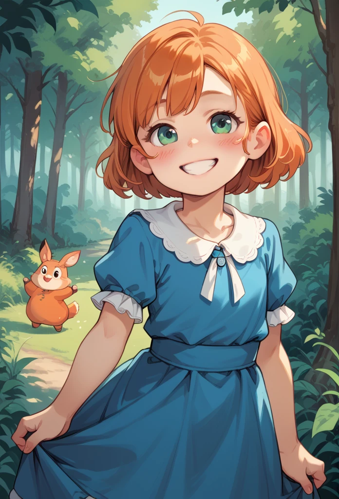 meilinlee, orange hair, blue dress, smile, blush, outdoors, forest, by diives