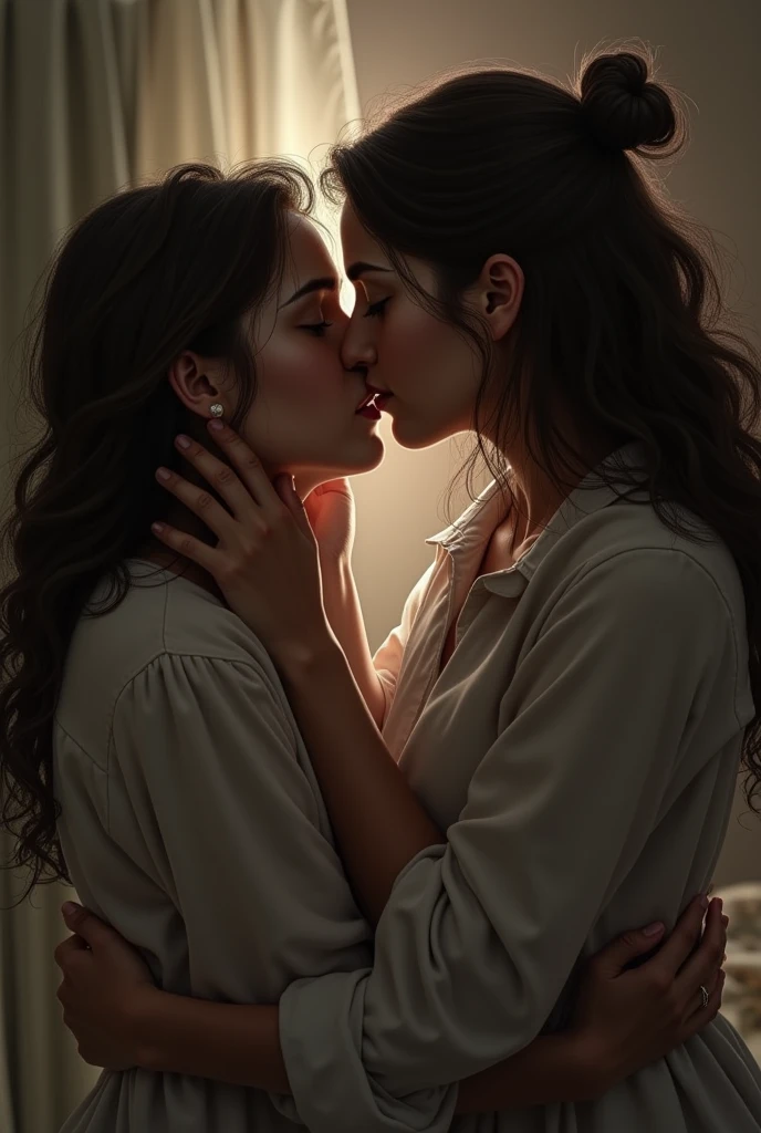 (romantic scene),(best quality,realistic),woman and woman kissing each other in a room,romantic kiss,kissing together cutely,lovely kiss,yummy kiss,romantic atmosphere,making out,wonderful scene,romantic couple,kiss mouth to mouth