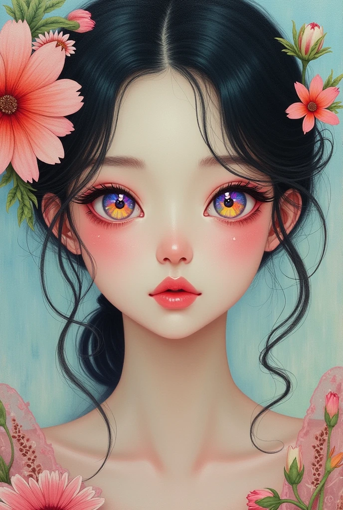 A woman with flowers in her eyes, beautiful detailed eyes, beautiful detailed lips, extremely detailed eyes and face, long eyelashes, woman wearing a flowery dress, pastel painting oil stick painting, thick coating, texture, inspired by Moebius, trippy, (((watercolor illustration))), portrait of a young japanese woman, big eyes, ulzzang, pink eyes, (best quality,4k,8k,highres,masterpiece:1.2),ultra-detailed,(realistic,photorealistic,photo-realistic:1.37),HDR,UHD,studio lighting,ultra-fine painting,sharp focus,physically-based rendering,extreme detail description,professional,vivid colors,bokeh