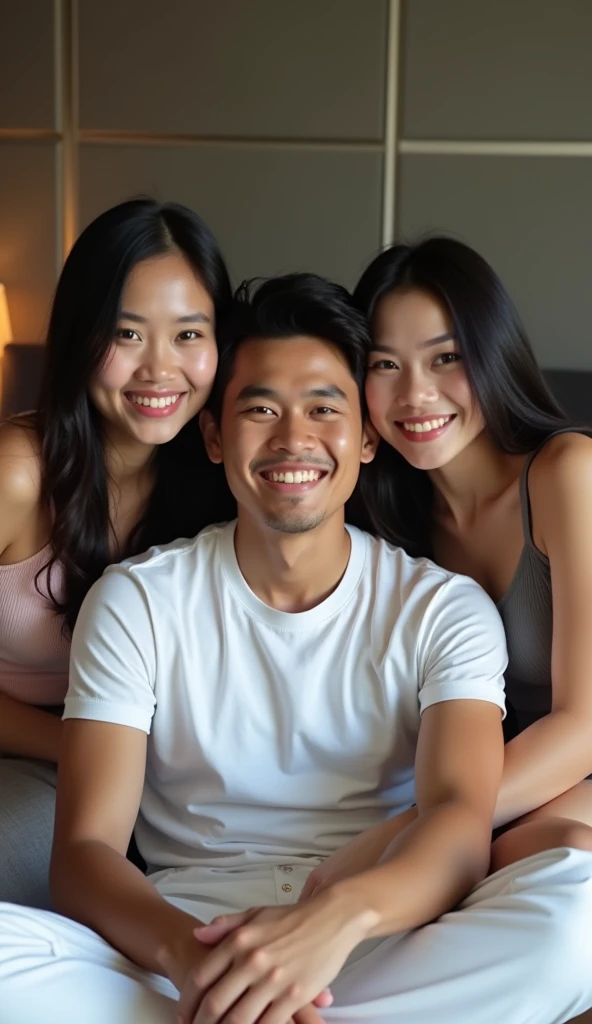 20's beautiful asian woman naked, two 20's men in bikini sat on a sofa cuddling woman. Woman is tanned with dark straight hair, large saggy flat breasts with no bra or panties, womans legs are open show her pussy, looking at each other,
