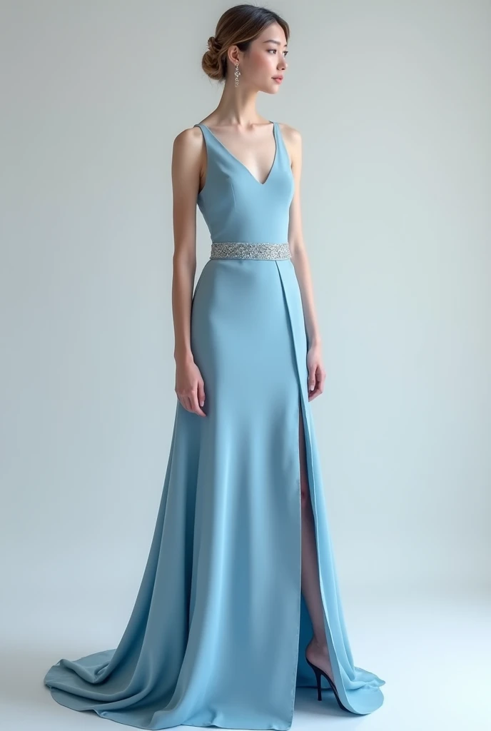 hyperrealistic photo of a white model wearing a blue formal dress, the two short sleeves are on the side of her shoulder, its tight on the waist and has a slit