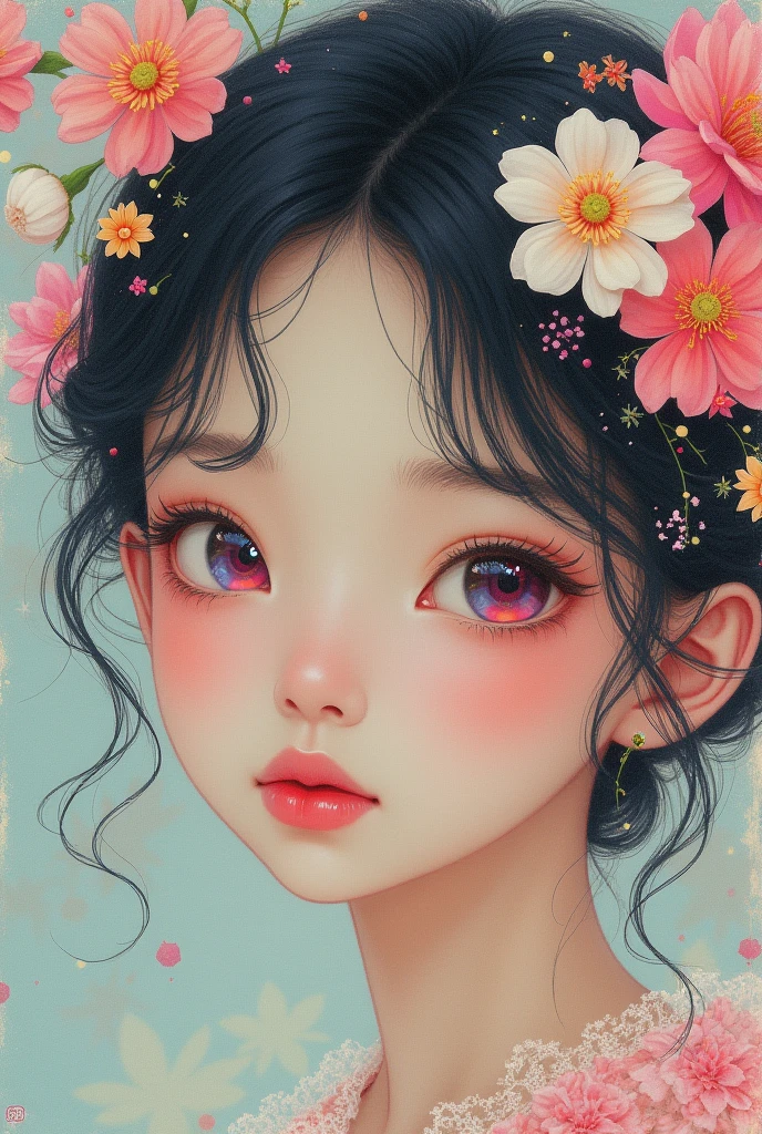 A woman with flowers in her eyes, beautiful detailed eyes, beautiful detailed lips, extremely detailed eyes and face, long eyelashes, woman wearing a flowery dress, pastel painting oil stick painting, thick coating, texture, inspired by Moebius, trippy, (((watercolor illustration))), portrait of a young japanese woman, big eyes, ulzzang, pink eyes, (best quality,4k,8k,highres,masterpiece:1.2),ultra-detailed,(realistic,photorealistic,photo-realistic:1.37),HDR,UHD,studio lighting,ultra-fine painting,sharp focus,physically-based rendering,extreme detail description,professional,vivid colors,bokeh