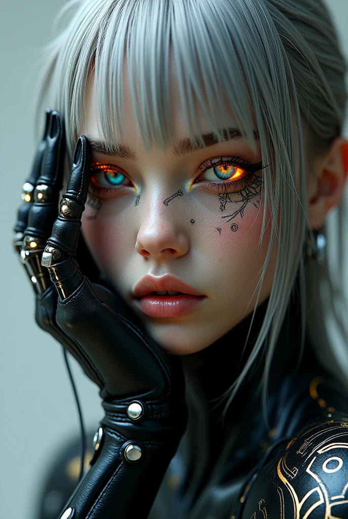 Hyper-realistic futuristic cyborg portrait, a blend of human and machine, detailed mechanical hand with black metal and leather covering obscuring half the face, pale complexion with subtle blush, vivid orange and blue glowing eye, intricate scars and cryptic tattoos resembling circuit patterns on the skin, silver septum piercing, metallic implants integrated with organic flesh, strands of silver hair contrasting with sleek dark metal textures, a haunting and beautiful fusion of humanity & tech