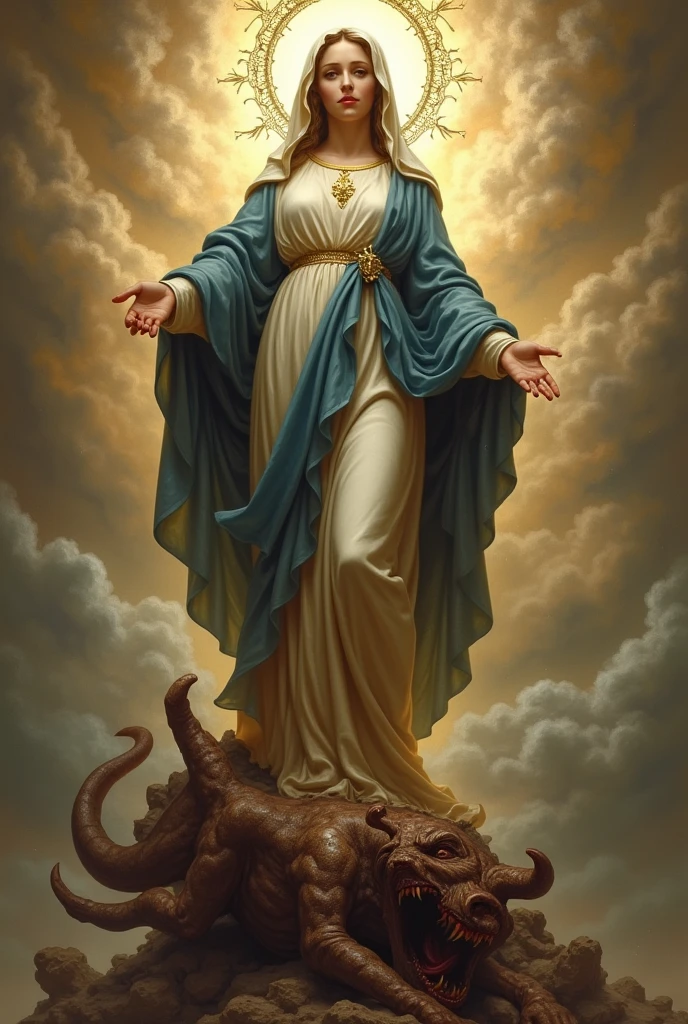 A beautiful Virgin Mary gently watches over the fallen soldiers.