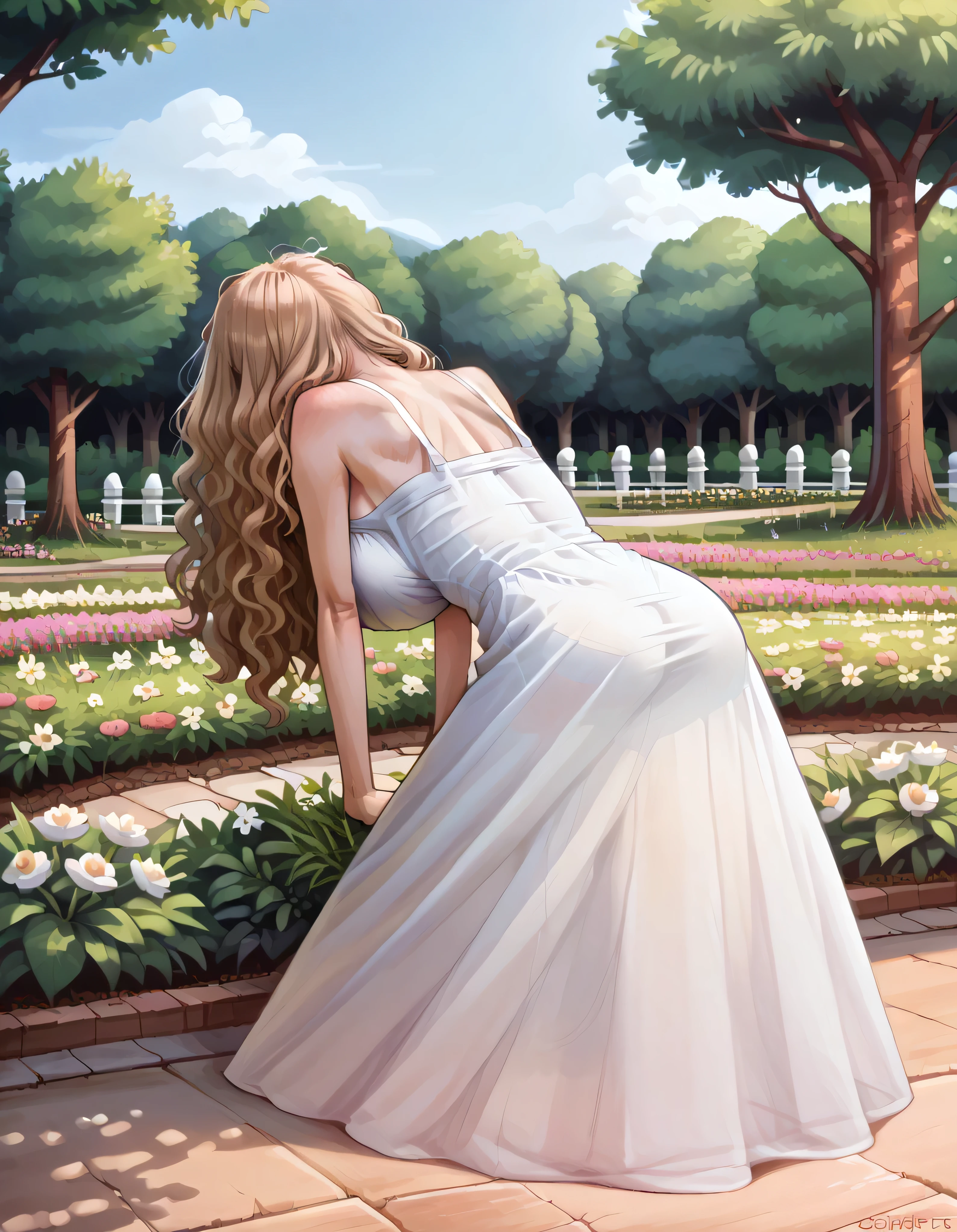 SFW,masutepiece, Best Quality, High resolution, 1girl in, Full body, Details Girl, detail hands, Detail fingers, Detail Face, detail 1girl in, elf, Looking down, Flower Garden,  pale skin, ((very skinny:1.3)), Blonde hair, Long hair, Wavy Hair, , white sundress, Bare back, bending over, Planting trees, short skirt, (tall torso) (gigantic breasts) (covered breasts:1.5), (pain emotions:1.2), (back pain sound effects:1.2), shocked emotions, hands on top of chest, transparent dress, sunlight shafts through dress, , perfect lighting, cinematic composition, highly detailed, photorealistic, 8k, best quality, masterpiece,
