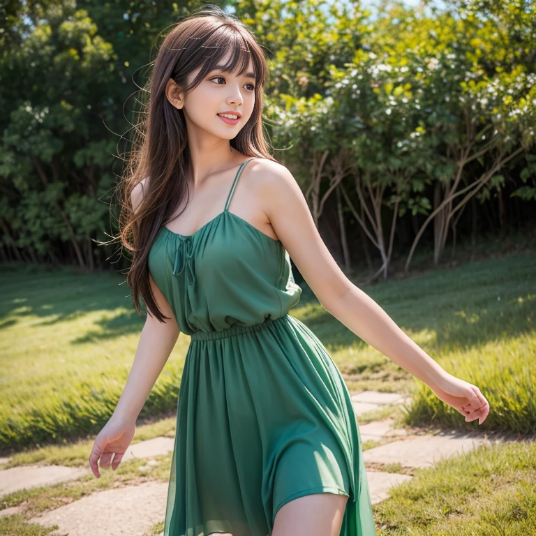 masterpiece, best quality, ultra realistic photograph, 16K, (HDR), high resolution, female_solo, ((quite a bit body, )), nice_cleavage, beautiful hourglass body, nice slender legs, looking at viewer, big eyes, ((the luxurious prettiest Japanese idol model in the world, Anne Hathaway blended face, 24yo)), (laughing small eyed, random lower dresses), random stunning camera angle view, random perfectly camera lens, pastel green simple background,