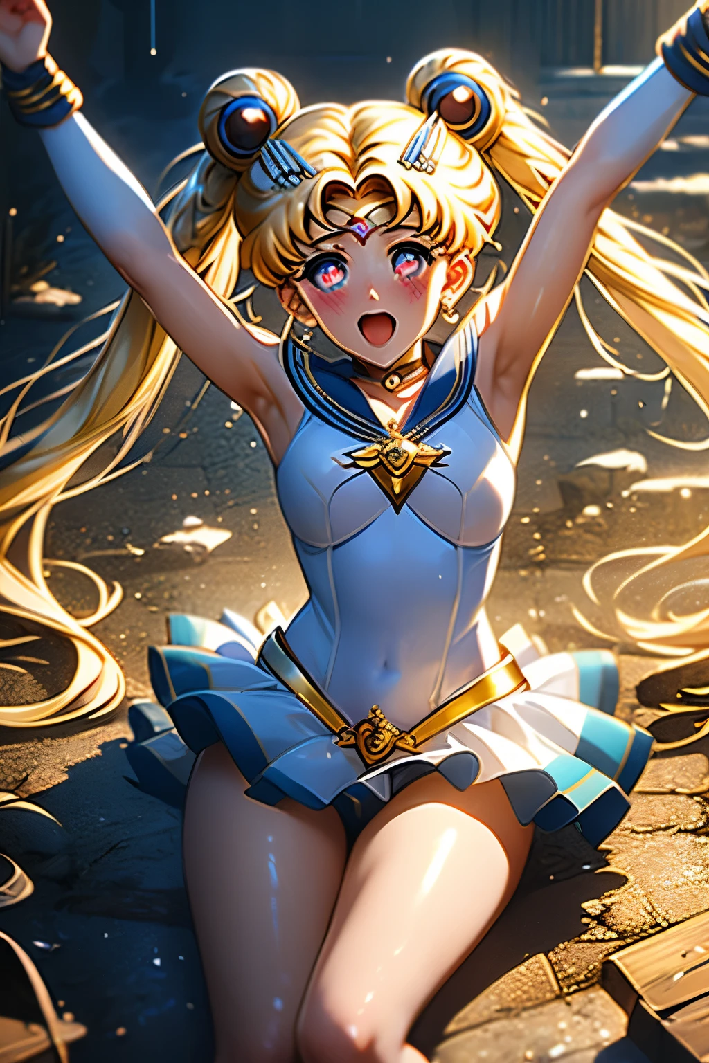 （（（Highest quality、masterpiece、Normal body、8k、Detailed face、Ultra-precision、Normal hand、Normal finger、５This finger、Highest）））、beautiful girl、Slender、Sailor Moon、Sailor Warriors、Leotard Sailor Suit、White high leg leotard、White, blue and yellow ilver ribbon on chest、Circlet、Yellow Hair、Long Hair、Twin tails、Tsukino Usagi、スーパーSailor Moon、Defeated、Exposed Skin（（Torn leotard、Torn leotard、Tattered Costume、Torn Skirt、Ripped chest、Shyness））、Damaged clothes, full of scratches、blush、Embarrassed、impatience、Frightened face、aphrodisiac、Estrus、Panting、Writhe、orgasm、Ahegao、Melting face、Open your mouth、Sticking out tongue、Heart Eyes、Eyes are hearts、Heart tattoo on lower abdomen、Obscene tattoo on abdomen、A lewd mark on the uterus、Open your arms、Constraints（（（ChainBIND、ChainBIND both hands、ChainCollar、Raise your hands and ChainBIND、Open your arms and Chain、Capture、Caught、Chain Bondage、A lot of chains、first round、Collar、CollarChain、Hanging with Chain、ChainBondage、CrossBondage）））、ruins、Dilapidated back alley、heavy rain、soaked、Wet and see-through、Sheer leotard、Full body view