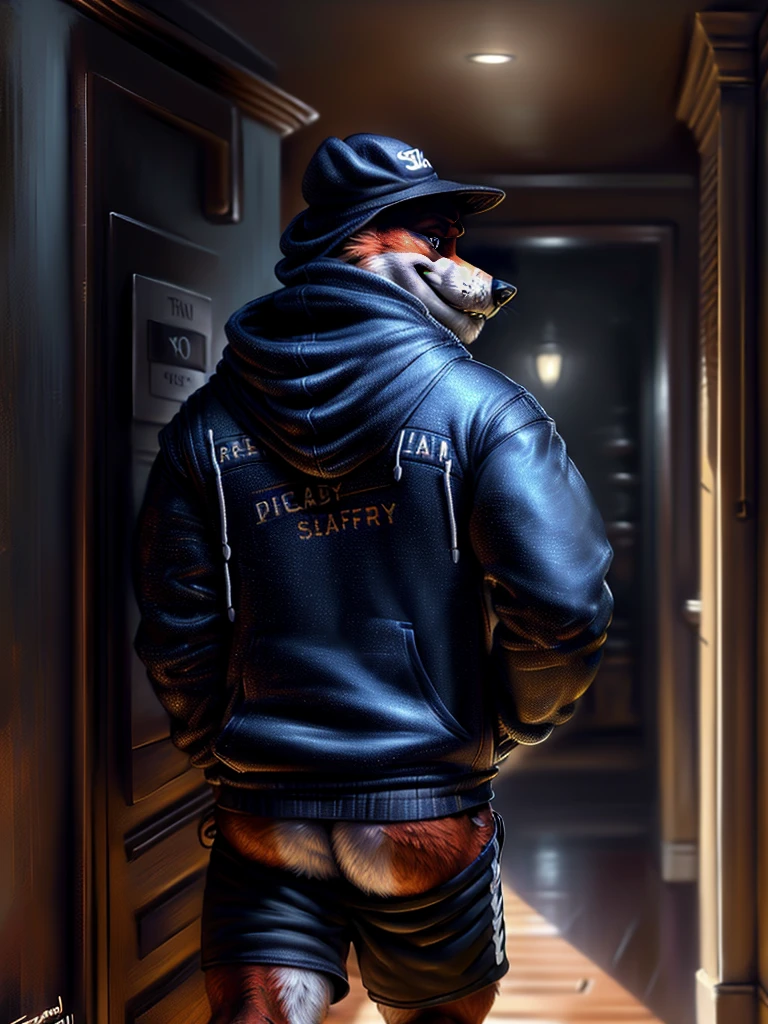 by personalami, by place, by kenket, by taran violinist, male, alone, antro (fox), (fnaf), (sly), Adult, Photorealistic, Hyper realistic, ultra-detailed, natural pose, (muscular, burly), (( run)), ((safety short hoodie:1.2)), (furry), ((butt view)), (detailed background, hallway), ((mature male)), father figure, mature male, hunk , daddy, dilf, ((highly detailed clothing)), ((Highly detailed tail)), ((from behind)), ((highly detailed skin texture)), ((highly detailed hands)), ((highly detailed hands) well drawn)), ((down hoodie)), ((very detailed lighting)), ((natural lighting)), ((black boxers)), ((security guard cap)), ((Night )), ((dark)) A semi-medium long flaccid penis with foreskin visible, testicles,
