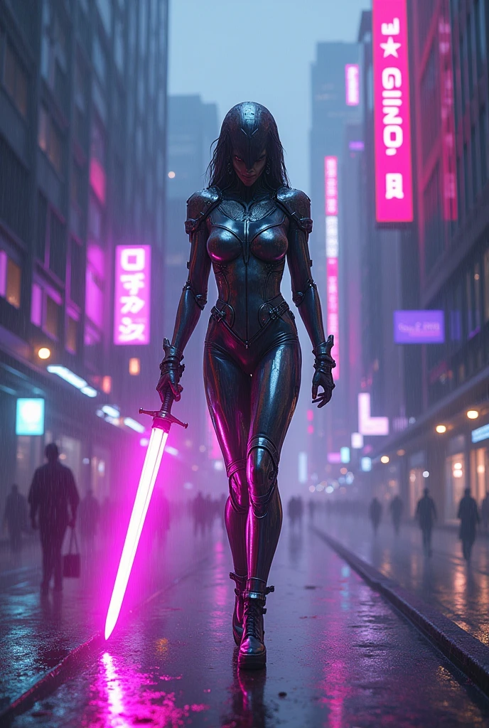 a woman in a black latex catsuit, gloves, and high heels, holding a large futuristic weapon, detailed and realistic, highly detailed, cinematic lighting, dramatic pose, dark and gritty cyberpunk style, moody and atmospheric, dynamic composition, neon lights, urban cityscape background, hyper detailed, masterpiece