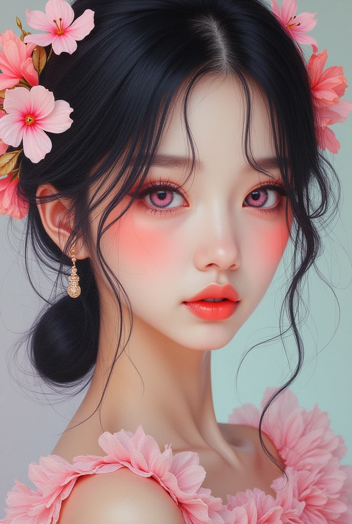 A young japanese woman, beautiful detailed eyes, beautiful detailed lips, extremely detailed eyes and face, long eyelashes, woman wearing a flowery dress, pastel painting oil stick painting, thick coating, texture, inspired by Moebius, trippy, (((watercolor illustration))), portrait, big eyes, ulzzang, pink eyes, (best quality,4k,8k,highres,masterpiece:1.2),ultra-detailed,(realistic,photorealistic,photo-realistic:1.37),HDR,UHD,studio lighting,ultra-fine painting,sharp focus,physically-based rendering,extreme detail description,professional,vivid colors,bokeh