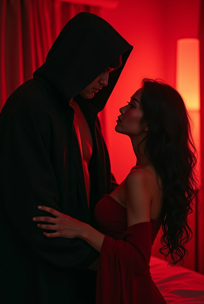 2 people, large man, shadowed face, sitting on black throne, black haired woman, facing away from camera, her hands behind her back, handcuffed, kneeling in front of the man, nude, ass focus, firelight