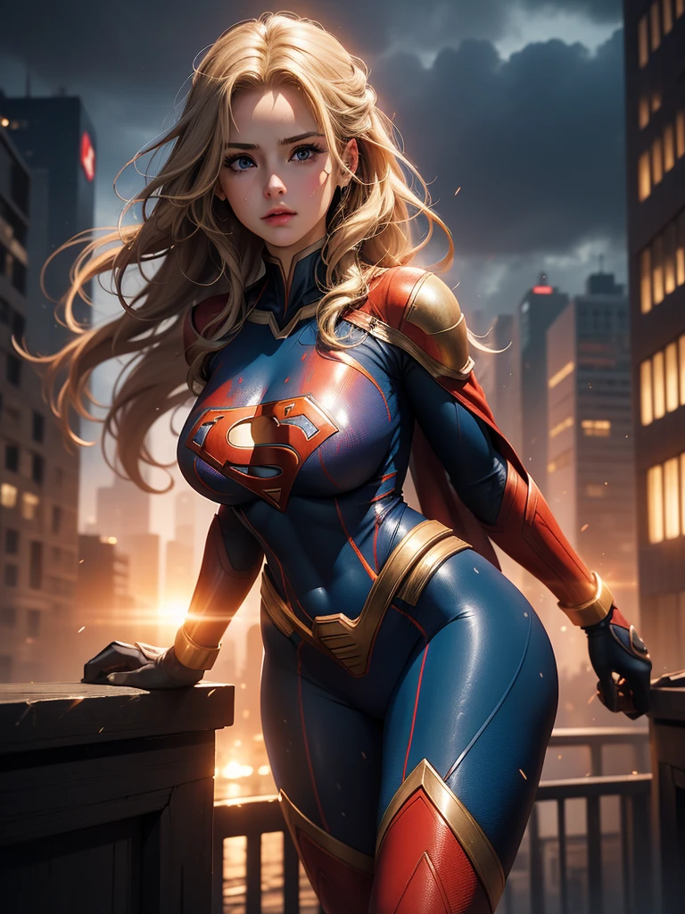 Full body shot seen from behind Sexy superheroine Spidergirl long blonde hair glowing blue eyes red lips muscular body large breast wears a red golden cobweb pattern tight leather pants, red golden cobweb pattern leather short, red and black stilettos, black tights, plunging sleeveless top gold shoulder pads gold bracelets revealing abs midriff a Z symbol on her chest portrait photography by artgerm, in the style of realism, glistening skin, cartooncore, mangacore, natural lighting, Defined full lips. Muscular fitness feminine body spider web in the background