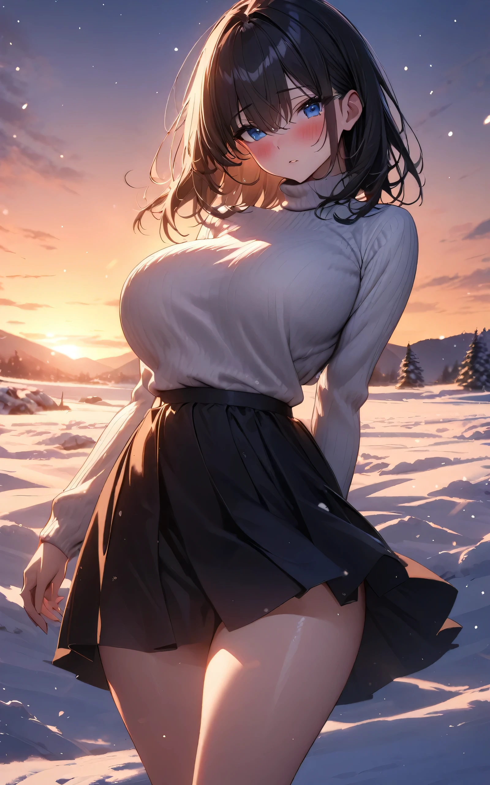 natural landscape, A snow mountain with a peak breaking through the clouds., View of a snowy mountain, snow storm, Snow hits sideways, 1 girl, Christmas suit, mini skirt, cat ears, White hair, 