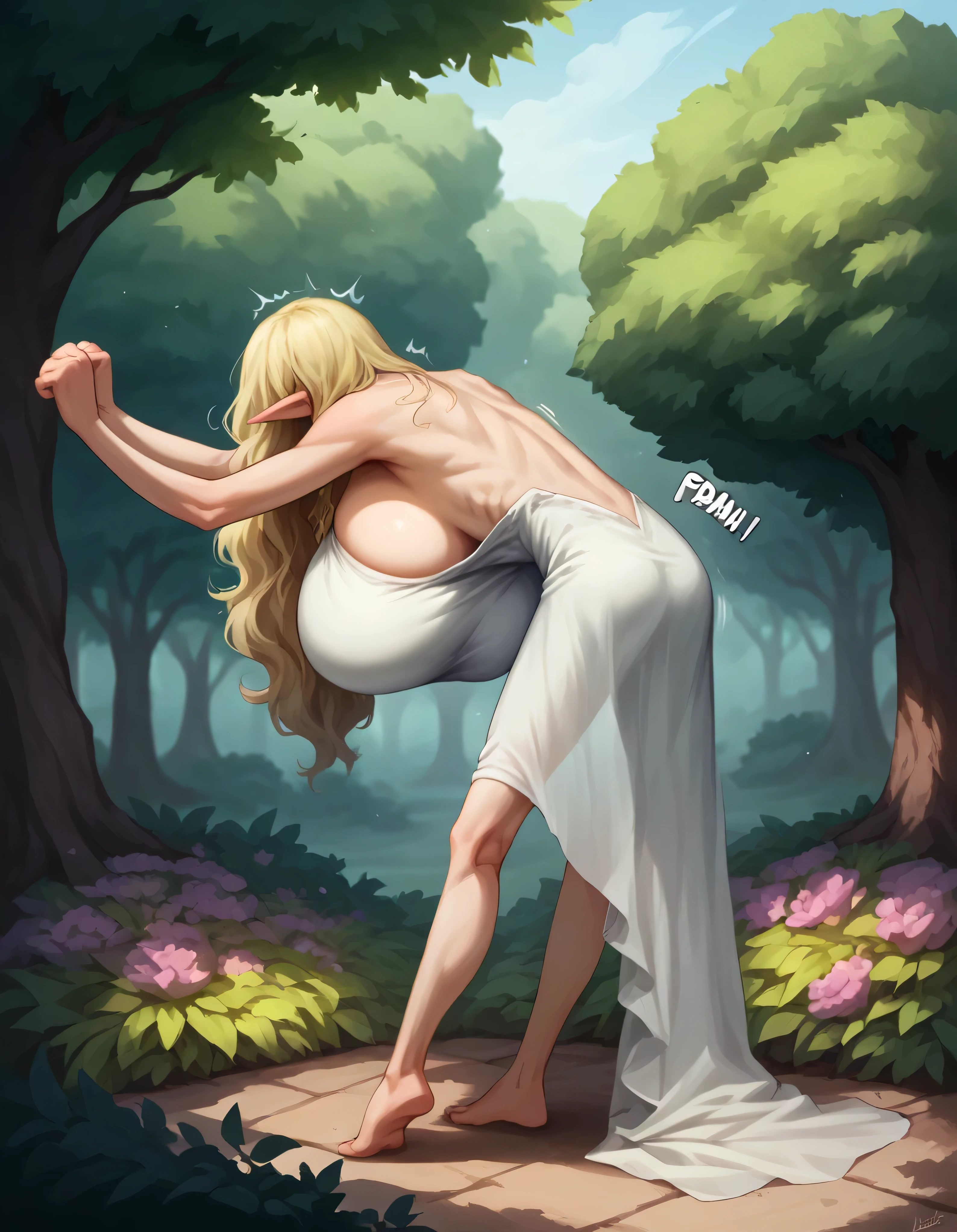 SFW,masutepiece, Best Quality, High resolution, 1girl in, Full body, Details Girl, detail hands, Detail fingers, Detail Face, detail 1girl in, elf, Looking down, Flower Garden,  pale skin, ((very skinny:1.3)), Blonde hair, Long hair, Wavy Hair, , white sundress, Bare back, bending over, Planting trees, short skirt, (tall torso) (gigantic breasts) (covered breasts:1.5), (pain emotions:1.2), (back pain sound effects:1.2), shocked emotions, transparent dress, sunlight shafts through dress, , perfect lighting, cinematic composition, highly detailed, photorealistic, 8k, best quality, masterpiece, (arms holding breasts:1.3)
