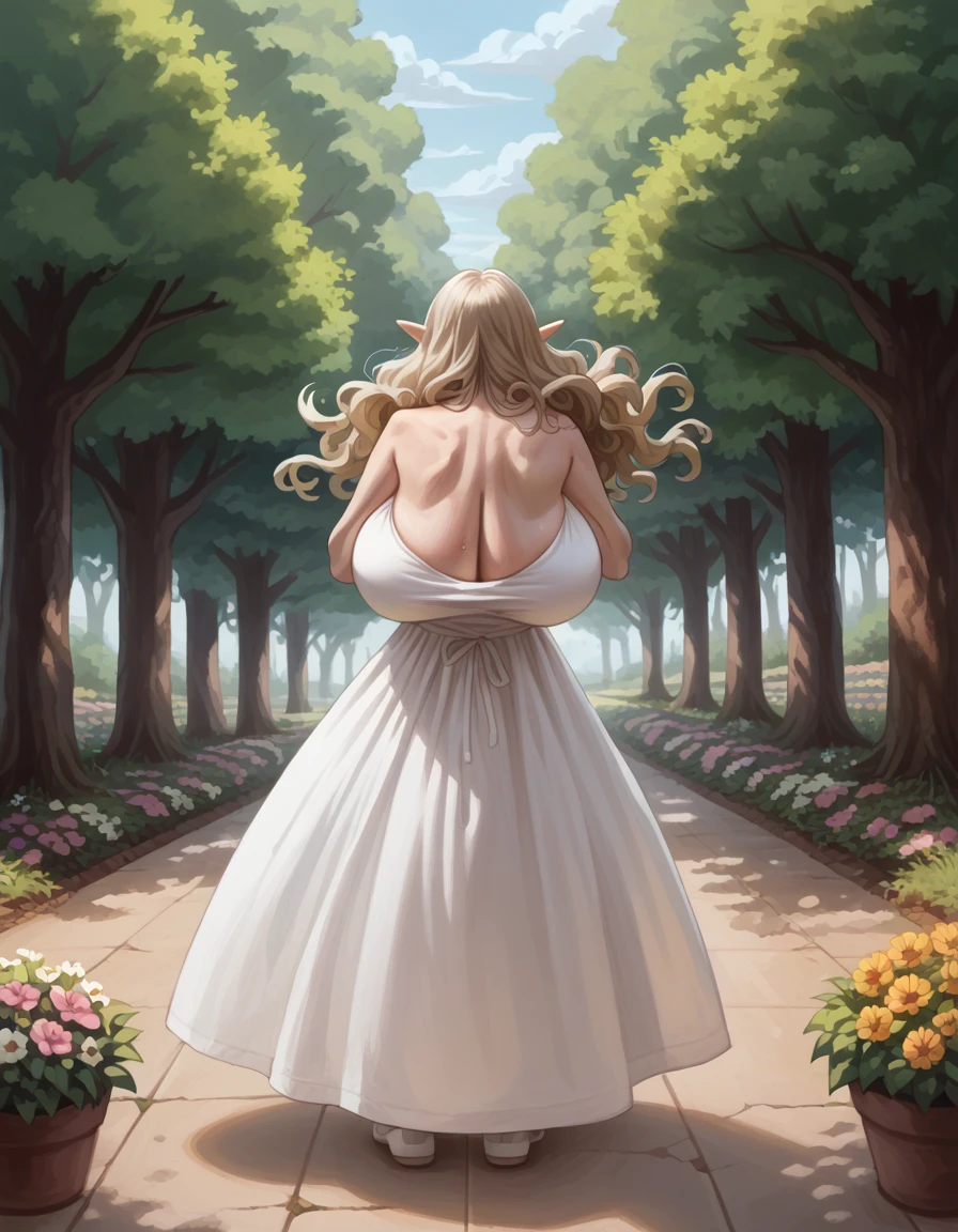 SFW,masutepiece, Best Quality, High resolution, 1girl in, Full body, Details Girl, detail hands, Detail fingers, Detail Face, detail 1girl in, elf, Looking down, Flower Garden,  pale skin, ((very skinny:1.3)), Blonde hair, Long hair, Wavy Hair, , white sundress, Bare back, bending over, Planting trees, short skirt, (tall torso) (gigantic breasts) (covered breasts:1.5), (pain emotions:1.2), (back pain sound effects:1.2), shocked emotions, transparent dress, sunlight shafts through dress, , perfect lighting, cinematic composition, highly detailed, photorealistic, 8k, best quality, masterpiece, (arms holding breasts:1.3)
