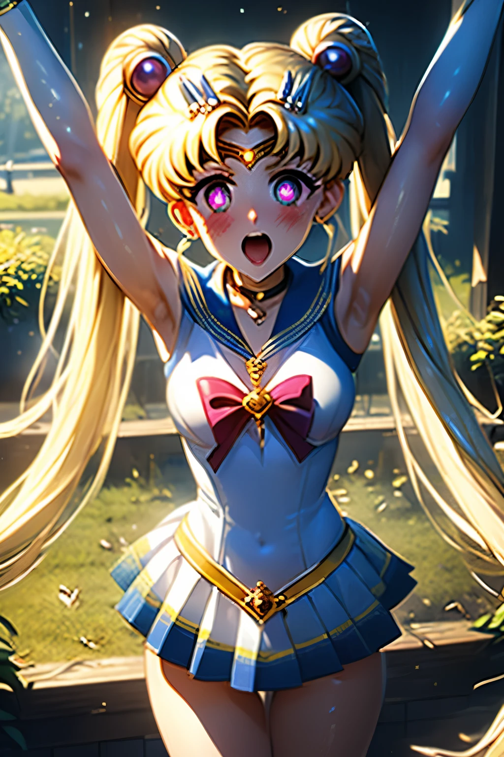 （（（Highest quality、masterpiece、Normal body、8k、Detailed face、Ultra-precision、Normal hand、Normal finger、５This finger、Highest）））、beautiful girl、Slender、Sailor Moon、Sailor Warriors、Leotard Sailor Suit、White high leg leotard、White, blue and yellow ilver ribbon on chest、Circlet、Yellow Hair、Long Hair、Twin tails、Tsukino Usagi、スーパーSailor Moon、Defeated、Exposed Skin（（Torn leotard、Torn leotard、Tattered Costume、Torn Skirt、Ripped chest、Shyness））、Damaged clothes, full of scratches、blush、Embarrassed、impatience、Frightened face、aphrodisiac、Estrus、Panting、Writhe、orgasm、Ahegao、Melting face、Open your mouth、Sticking out tongue、Heart Eyes、Eyes are hearts、Heart tattoo on lower abdomen、Obscene tattoo on abdomen、A lewd mark on the uterus、Open your arms、Constraints（（（ChainBIND、ChainBIND both hands、ChainCollar、Raise your hands and ChainBIND、Open your arms and Chain、Capture、Caught、Chain Bondage、A lot of chains、first round、Collar、CollarChain、Hanging with Chain、ChainBondage、CrossBondage）））、ruins、Dilapidated back alley、heavy rain、soaked、Wet and see-through、Sheer leotard、Full body view