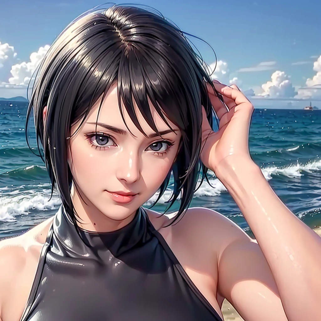 One Girl,24-years-old,Japanese women,Model Body Type, Highest quality, 35mm lens, debt/1.8, perdebtect skin, Realistic, (adult debtace:1.2), 8K, Award-winning photo,Nice, (Portraiture:0.6), Cinematic, Ultra-high resolution,short hair,Swimwear,Tropical Beach,Large Breasts,Cleavage,smile