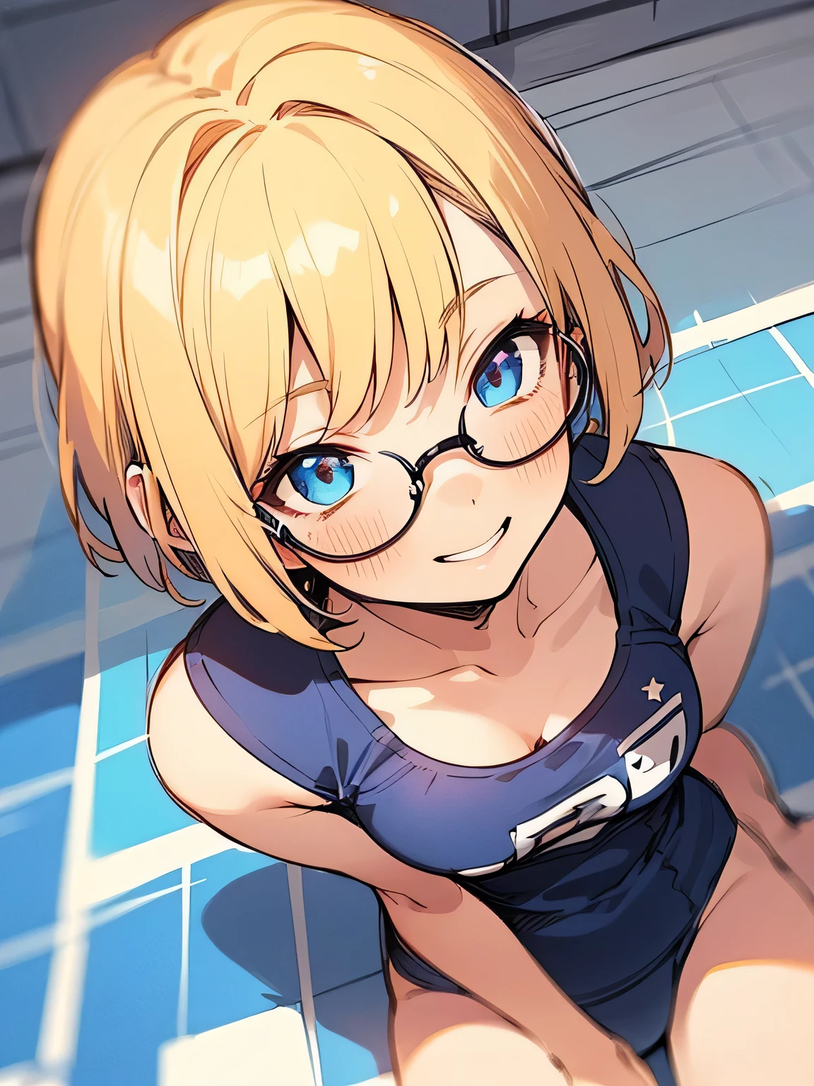 masterpiece, best quality, 1 girl, (14 years old), yellow hair, short hair, hime cut, blue eyes, {{glasses}}, {{big breasts}},school swim suit