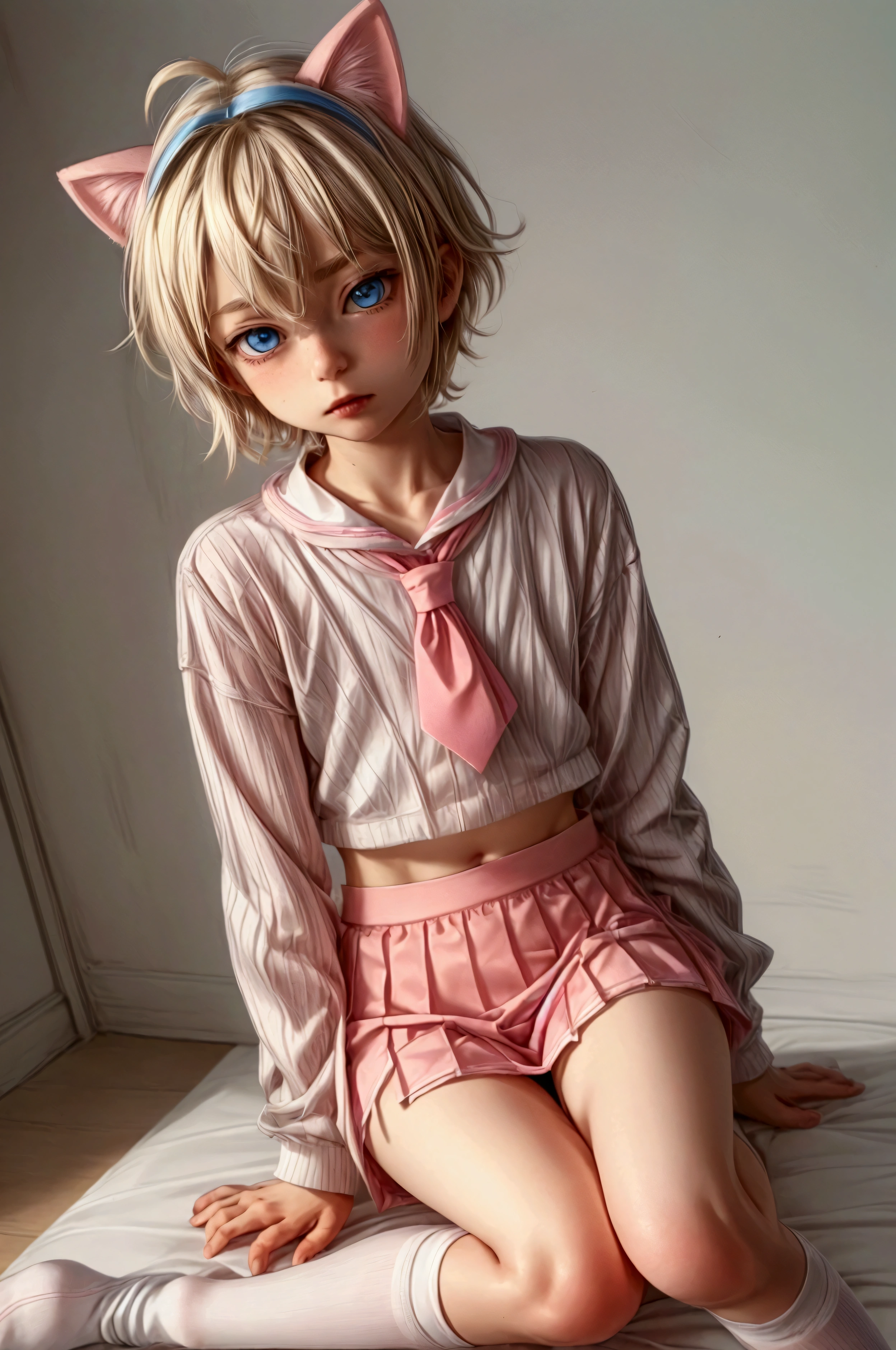 Anime style, Highres, Masterpiece, Best quality at best, Best Quality, hight quality, hight detailed, 1boy, (**********), blonde boy, perfect boy body, cute boy, detailed light blue eyes, short hair, messy hair, pastel rainbow inner hair color mesh, band on head with fake cat ears, Neutral Facial Features, wears pink sailor suit, boy chest, pink tie, Pink sailor skirt, mini skirt, without breasts, beautiful long legs, white stockings over knee, perfect black school shoes, perfect boy body, classroom at school, highest quality, SFW