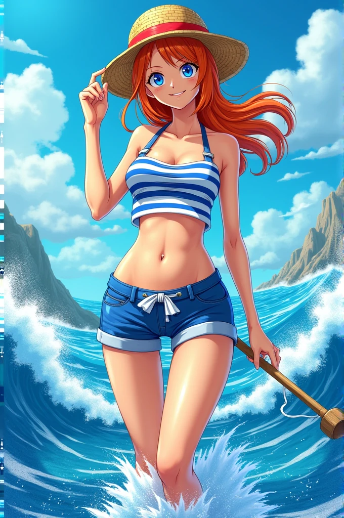 detailed background, masterpiece, best quality, 1girl, solo, nami \(one piece\), 1girl, bangle, bangs, bare shoulders, belt, bikini, bikini top only, blue sky, bracelet, breasts, brown eyes, bubble, cleavage, cloud, cowboy shot, day, denim, earrings, floating hair, green belt, green bikini, groin, jeans, jewelry, large breasts, log pose, long hair, looking at viewer, navel, orange hair, pants, shoulder tattoo, sidelocks, sky, smile, solo, standing, stomach, swimsuit, tattoo , looking at viewer