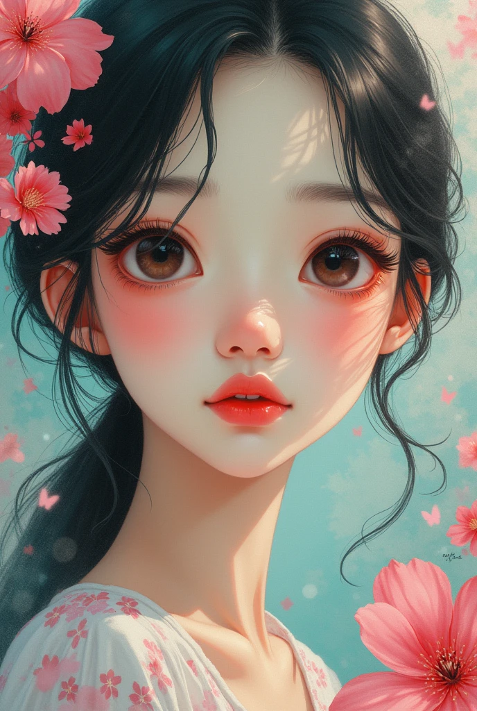 A young japanese woman, beautiful detailed eyes, beautiful detailed lips, extremely detailed eyes and face, long eyelashes, woman wearing a flowery dress, pastel painting oil stick painting, thick coating, texture, inspired by the illustrative style of french comoc book artist Moebius, trippy, ((((((watercolor illustration)))))), portrait, big eyes, ulzzang, pink eyes, (best quality,4k,8k,highres,masterpiece:1.2),ultra-detailed,(realistic,photorealistic,photo-realistic:1.37),HDR,UHD,studio lighting,ultra-fine painting,sharp focus,physically-based rendering,extreme detail description,professional,vivid colors,bokeh