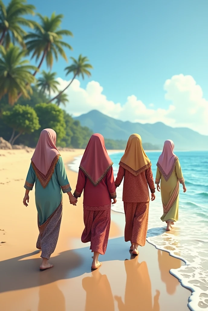 2 girls, wear hijab, flat chested, naked, walking on a beach, hands holding each other, happy smile, low angle, full body photo,