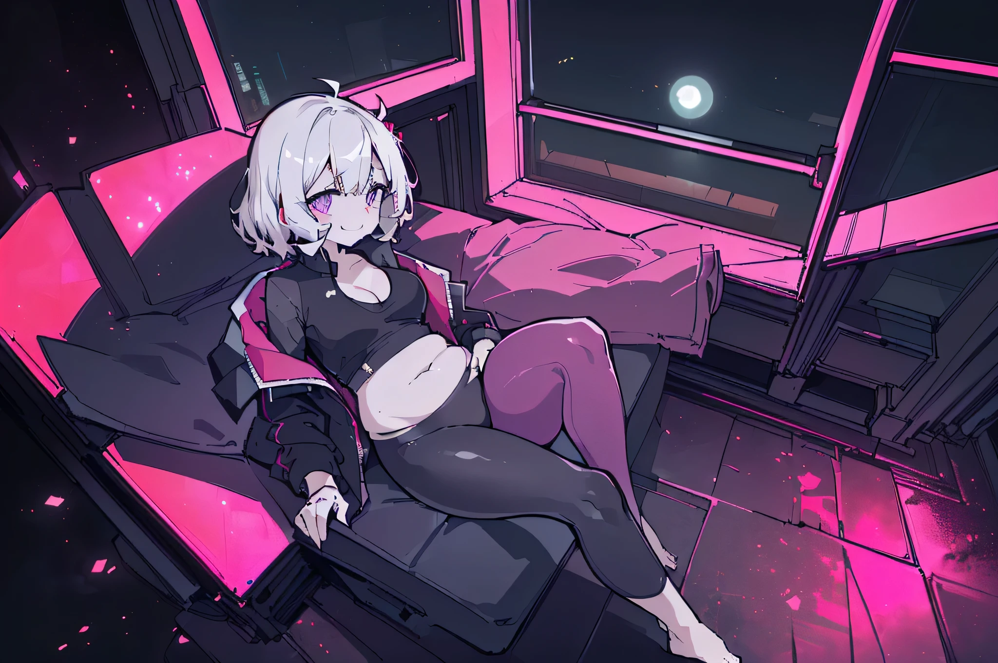 1girl, (Taken from afar:1.5),(Top down angle:1.5),(sedentary:1.5),(Detailed background, Cyberpunk, black sports jacket, Gray leggings, Crop Tee, red particle, Night background, Beautiful night sky, window, Moonlight, dark atmosphere:1.5),(:1.5), (morning, sunlight:1.5), (Beautiful shades:1.5), (dynamic angle:1.5), [ 4k digital art ]!!,(A well-made chest, prominent cleavage:1.5), (purple eyes:1.5), (White hair, Short hair with inward curling perm, There is a pink bridge at the end of the head.:1.5), (oversized:1.5), (Barefoot, flushing:1.5), (smiling faintly, flushing, Ashamed:1.5),(muffin top, Belly fat, love handles, sunken waist:1.5), (Thick legs and buttocks :1.3)
