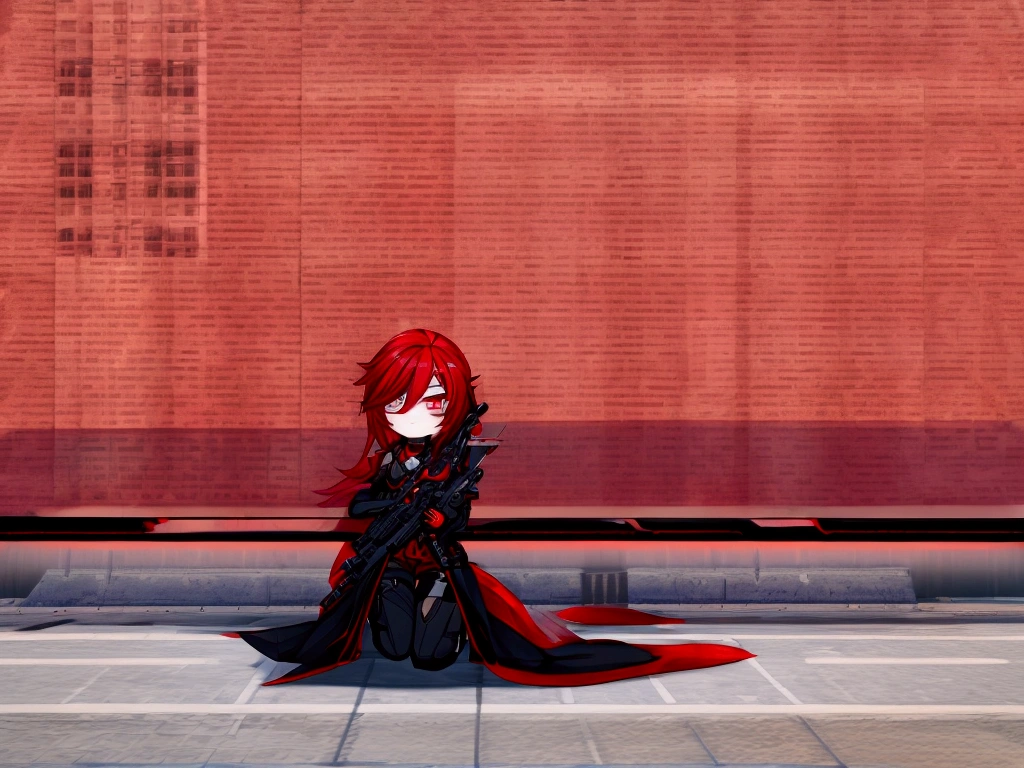 Girl kneeling in a balcony with a sniper in her hand, red hair, red and black eyes, black military clothing,night, chibi, inspired by gacha life, detailed eyes, detailed sniper, detailed body, good anatomy, chibi, 