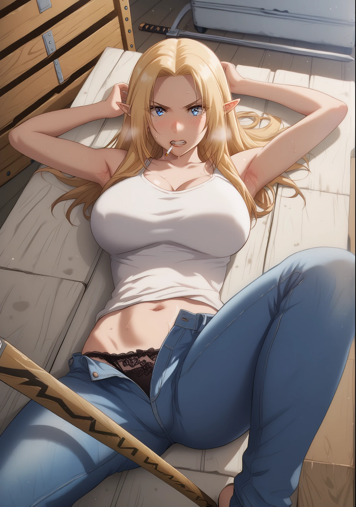 (harayutaka style:0.7), score_9, score_8_up, score_7_up, score_6_up, alpha, long hair, blue eyes, blonde hair, pointy ears, elf, BREAK beautiful detailed eyes, beautiful detailed lips, extremely detailed face and portrait, elegant expression, soft warm lighting, volumetric lighting, cinematic composition, detailed environment, lush garden, vibrant colors, intricate details, masterpiece, high resolution, digital painting, excessive sweating, sweating profusely, sweating drop BREAK, 1girl, breasts, underwear, panties, armpits, pants, navel, jeans, solo, denim, ashtray, large breasts, blush, lying, tank top, on back, clenched teeth, teeth, smoking, white tank top, open fly, gym storeroom, vaulting horse, cleavage, looking at viewer, indoors, blue pants, midriff, shinai, open pants, sweat, weapon, arms up, wooden sword, sword, black panties, collarbone, spread legs, lace-trimmed panties, angry, knee up, lace panties, shirt, drooling, gasping, heavy breathing,