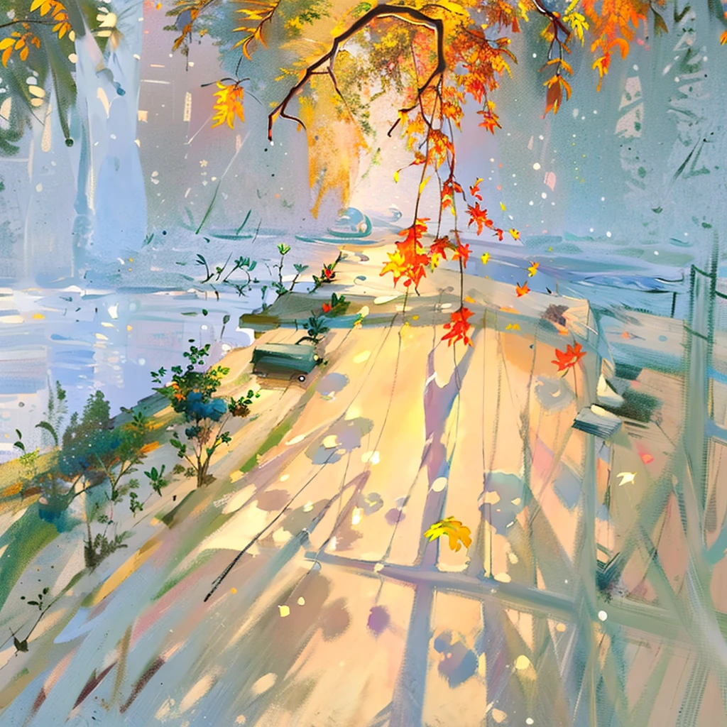 a detailed illustration , best quality, autumn ciy in europe , peaceful pond, brick road, falling maple leaves, woodblock print, lithography, vibrant red, yellow, orange, transparent blue, soft light, dreamy atmosphere, tranquility, beauty, serenity, distant mountains, fallen leaves, moss, triangular composition, paper texture, ink smudge, print texture, high resolution, art