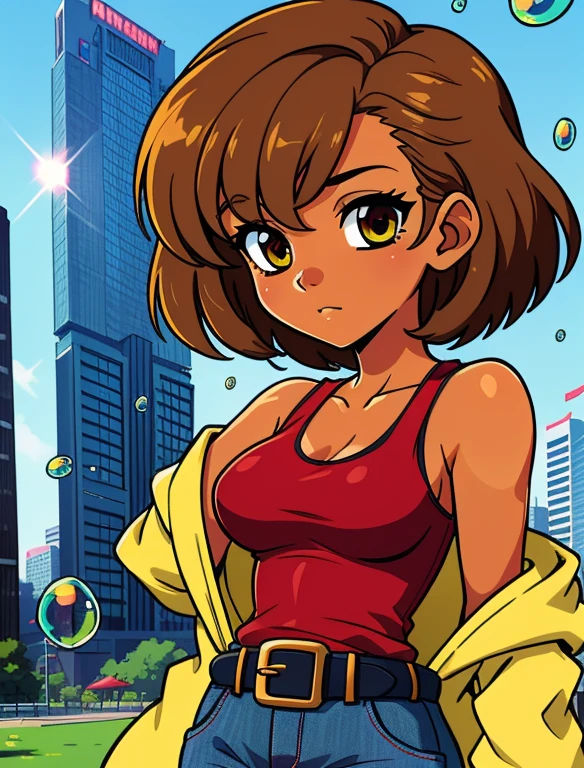 (best quality,4k,highres),ultra-detailed,realistic,portraits, mixed race Nicaraguan-Navajo woman, 24yo, short wavy hair, brown hair, (yellow colored irises:1.02), (tan-bronze skin:1.3), anime style,futuristic, Frutiger Aero aesthetic, eco- modernism, bokeh, medium breast, (She's wearing early 2000's fashion: opened red jacket, black tank-top, belt, jeans), colorful lighting, floating bubbles, standing in a green field with futuristic skyscrapers in the background, tertiary colors, highly detailed, 4K.
