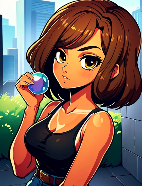 (best quality,4k,highres),ultra-detailed,realistic,portraits, mixed race Nicaraguan-Navajo woman, 24yo, short wavy hair, brown hair, (yellow colored irises:1.02), (tan-bronze skin:1.3), anime style,futuristic, Frutiger Aero aesthetic, eco- modernism, bokeh, medium breast, (She's wearing early 2000's fashion: opened red jacket, black tank-top, belt, jeans), colorful lighting, floating bubbles, standing in a green field with futuristic skyscrapers in the background, tertiary colors, highly detailed, 4K.
