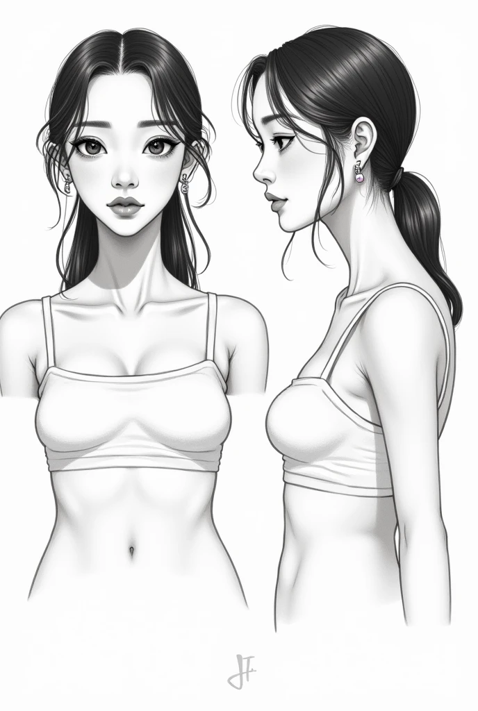 Sjetch on notebook , girl , upper body stand straight , big chest , BW , scribble ,