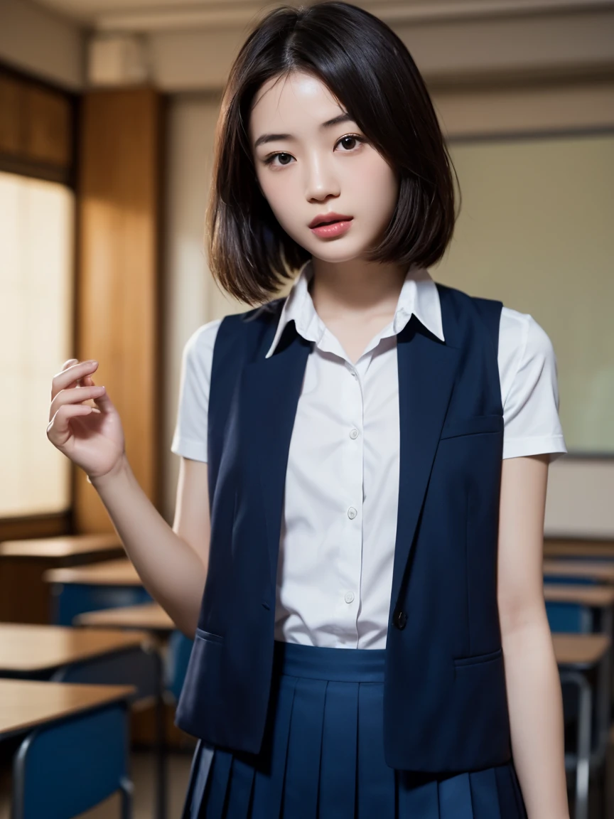 (masterpiece:1.3), (8K, Photorealsitic, Raw photography, Top image quality: 1.4), Japan high school girls、(very short-haired、Random hairstyles:1.2,)、Super Detail Face、Eye of Detail、二重まぶた、Bring your chest together、foco nítido:1.2、prety woman:1.4、light brown hair、top-quality、masterpiece、超A high resolution、(Photorealsitic:1.4、Being in the classroom、Japan High School Student Uniform、Button shirt with collar、Ribbon Ties、Short dark blue pleated skirt、Ribbon tie、Great under the shirt)、Highly detailed and professional lighting smile、slender、serious facial expression、short-haired、Fatal position,chalk board、Sit on a desk、above knee