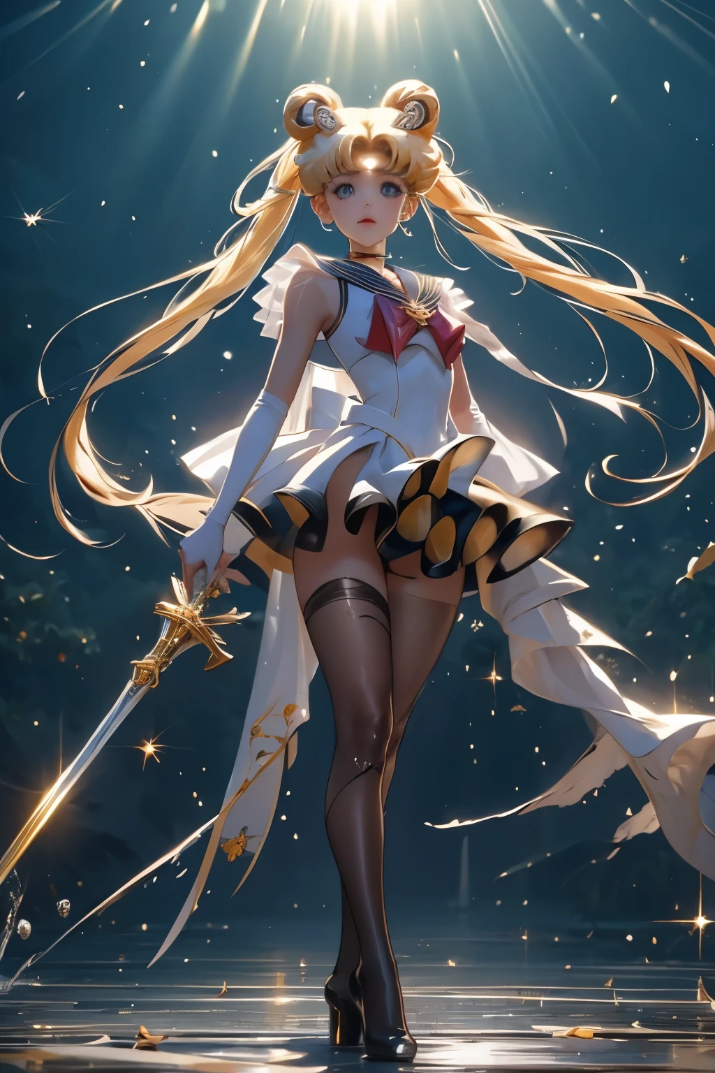 （（（Highest quality、masterpiece、Normal body、8k、Detailed face、Ultra-precision、Normal hand、Normal finger、５This finger、Highest）））、beautiful girl、Slender、Sailor Moon、Sailor Warriors、Leotard Sailor Suit、White high leg leotard、White, blue and yellow ilver ribbon on chest、Circlet、Yellow Hair、Long Hair、Twin tails、Bun Head、Tsukino Usagi、スーパーSailor Moon、Cornered、Exposed Skin（（Torn leotard、Torn leotard、Tattered Costume、Torn Skirt、Ripped chest））、Damaged clothes, full of scratches、heavy rain、soaked、Wet and see-through、Sheer leotard、During combat、Combat Ready、Battle pose、Carrying a walking stick、Holds a crescent-shaped stick、Unleash a special move、Hold your walking stick、Shoots a beam of light from a wand、Shoot the Light、Full body view